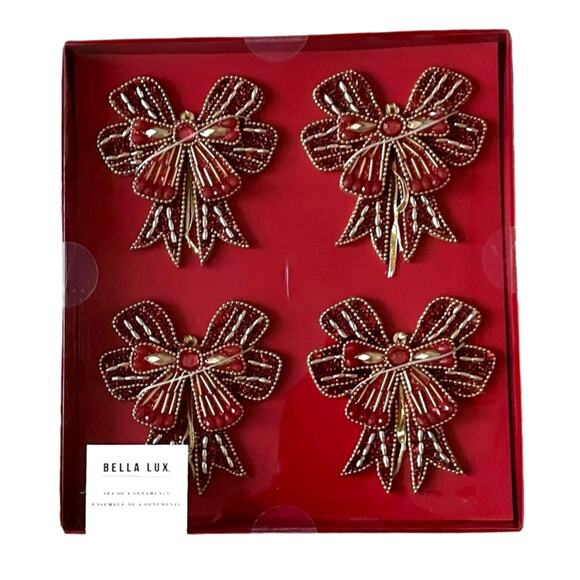 Sugarplum Dreams Beaded Bow Ornaments Set of 4 Holiday Red & Gold Glam New - Picture 3 of 13